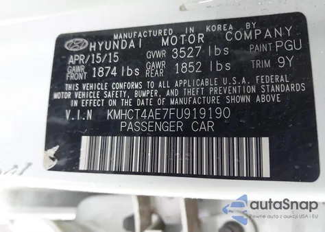 2015 Hyundai Accent Gls z USA, uszkodzony, nr VIN KMHCT4AE7FU919190